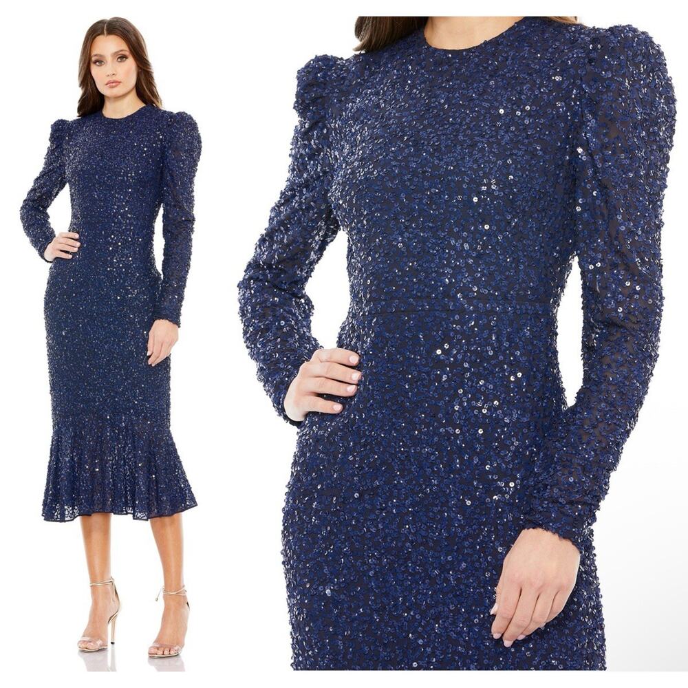 Mac Duggal 10865 Sequin Trumpet Midi Dress Navy Long Sleeve HighNeck Size 14 NWT